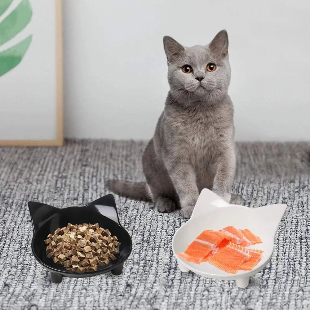 A shallow black melamine pet bowl with a non-slip rubber base on a kitchen surface.