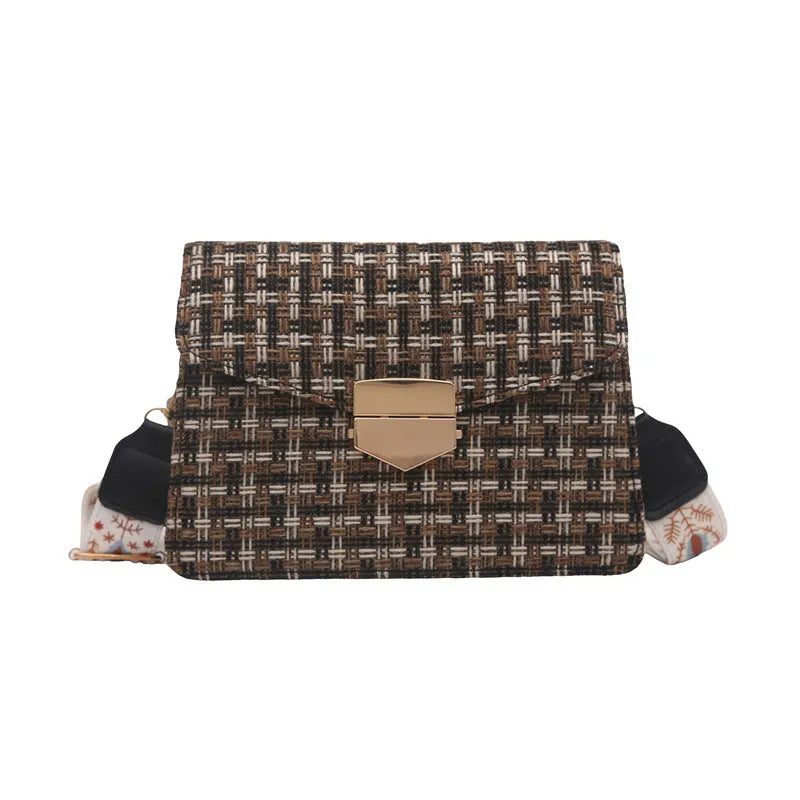 PU leather single shoulder bag horizontal square 23x16cm colour block grid pattern chain black