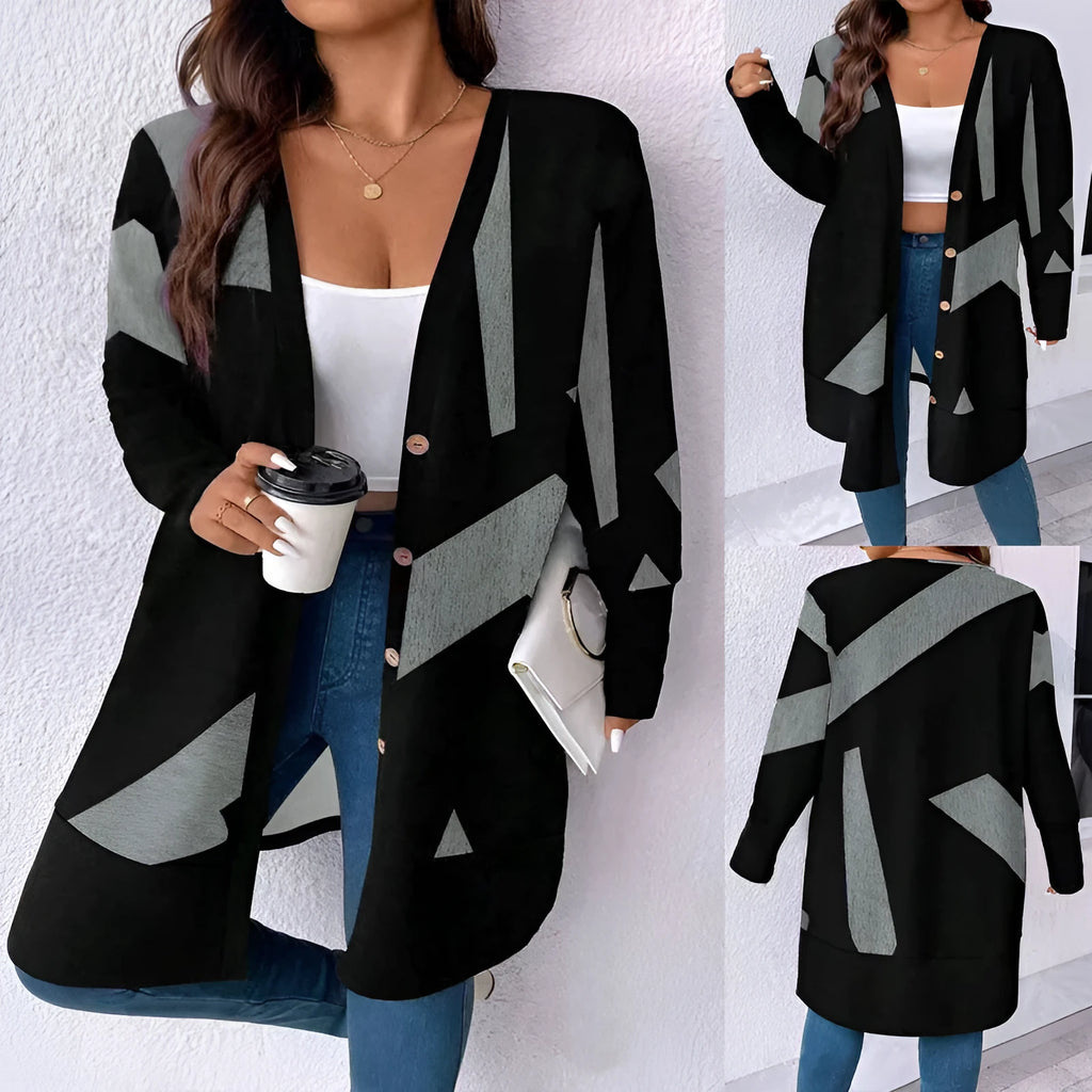 Black plus size casual cardigan coat with button stitching and printing design in Japanese Korean style