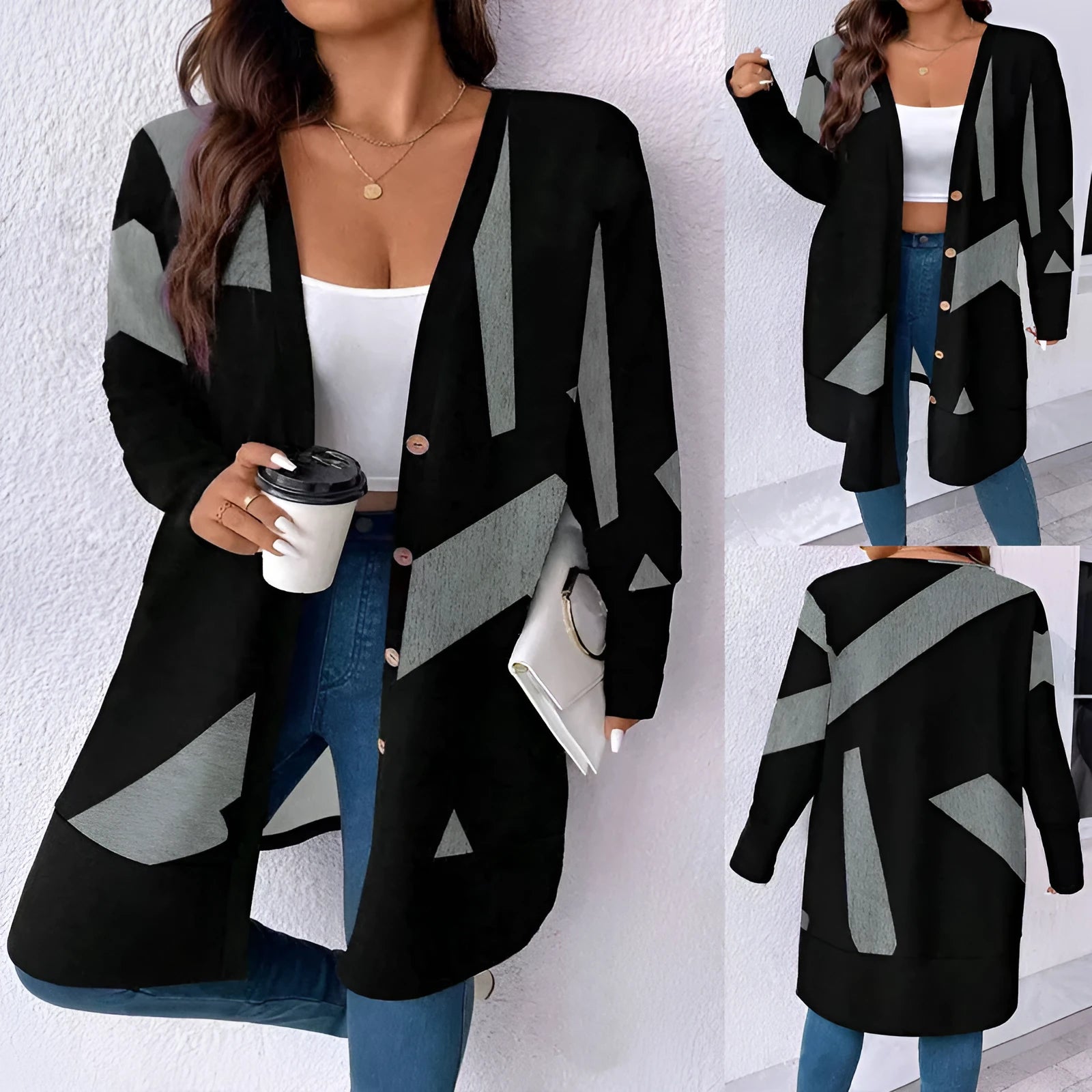 Black plus size casual cardigan coat with button stitching and printing design in Japanese Korean style