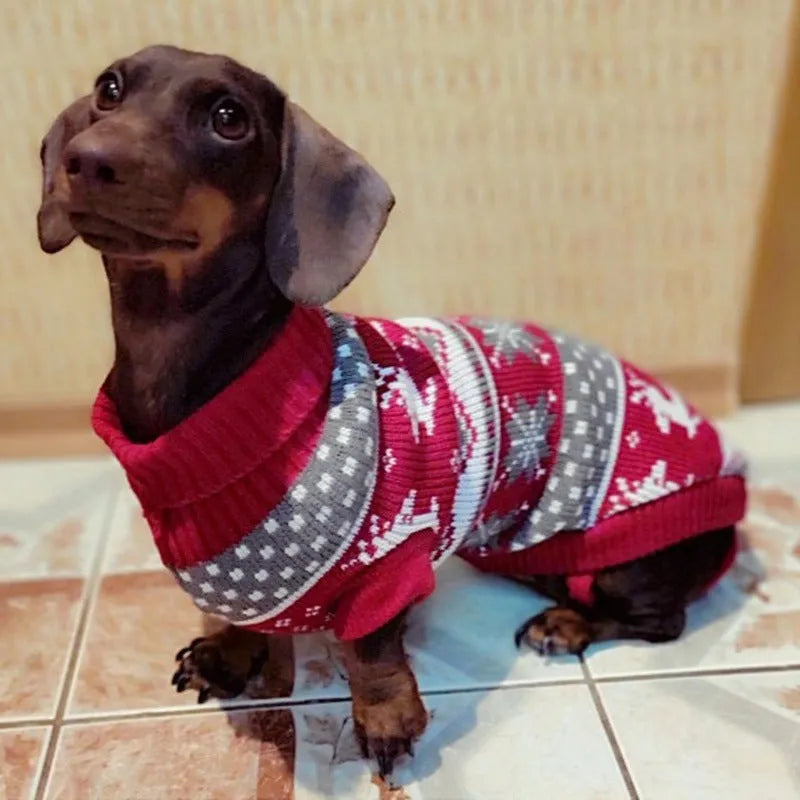Red reindeer Christmas print dog turtleneck knitted acrylic sweater in sizes XS to XXL