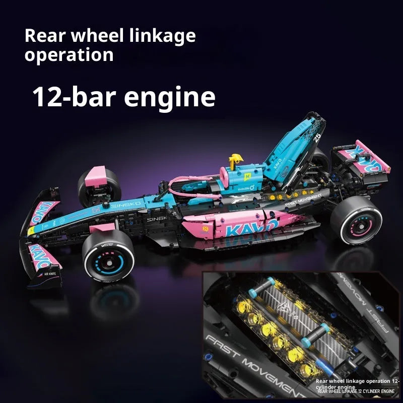 Mechanical F1 racing building blocks car in blue and pink with small plastic particles assembled on a surface