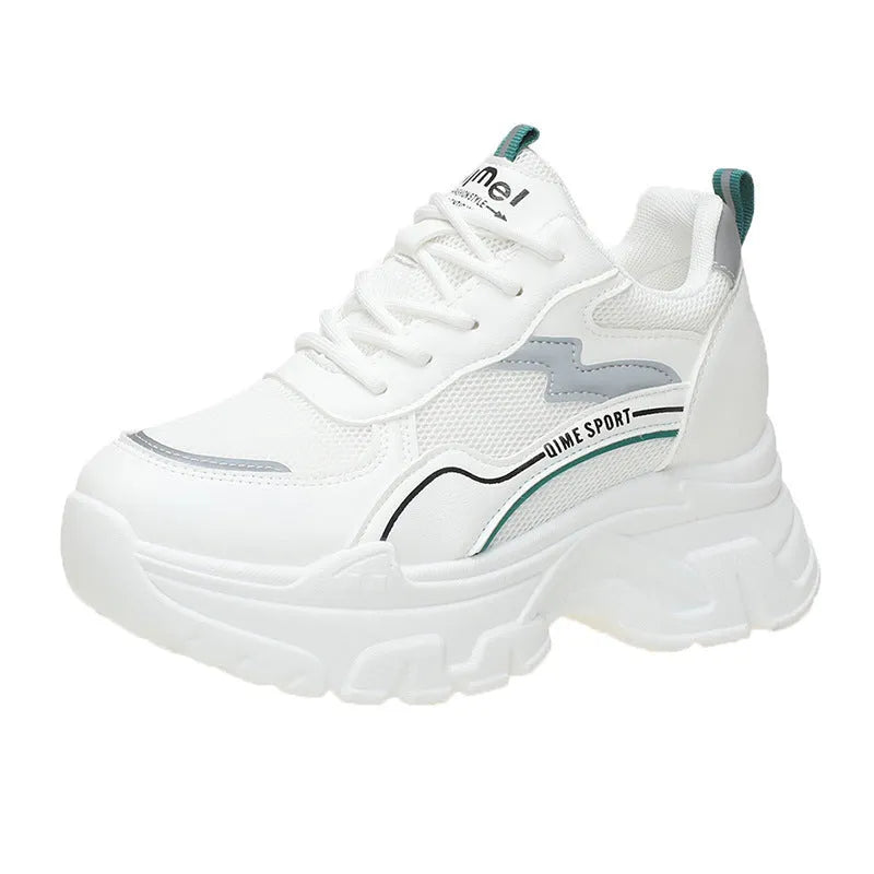 Women's white beige dad shoes with lace-up front, cross shoulder straps, and a breathable mesh upper.