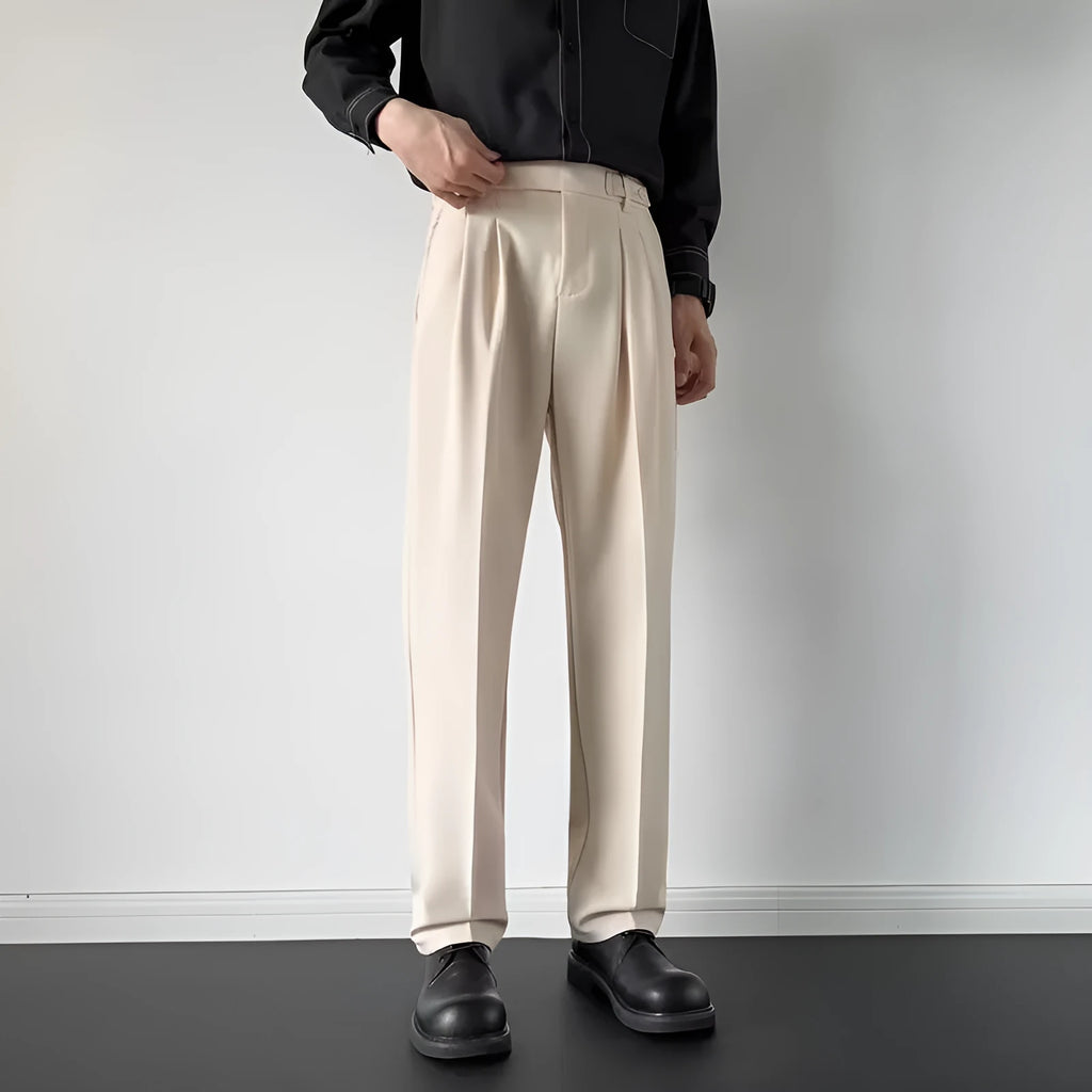 Men's straight leg loose fit trousers in apricot and black colours with polyester fabric
