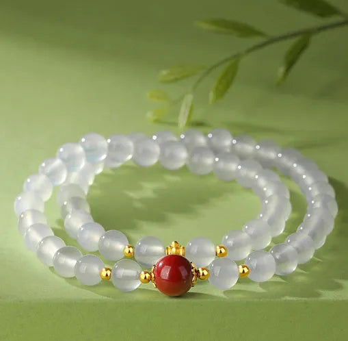 Double layer white agate women's bracelet with geometric 6mm beads and jequirity bean cinnabar details