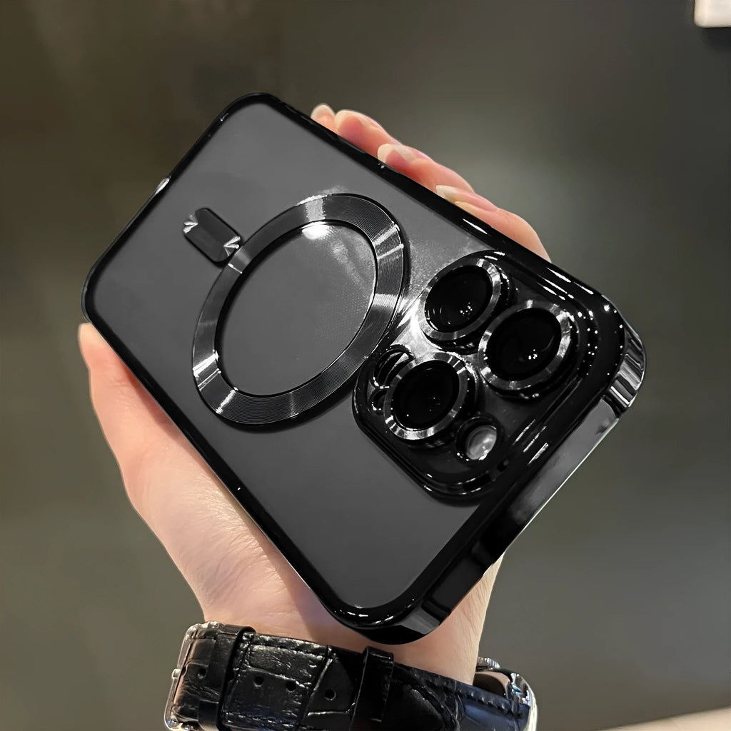 Electroplating magnetic transparent TPU phone case for iPhone in black colour on white background