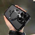 Electroplating magnetic transparent TPU phone case for iPhone in black colour on white background