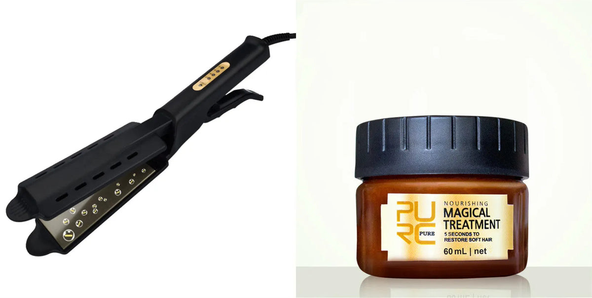 Black four-speed thermostat hair straightener with tourmaline ceramic plates, LCD control, and anti-scald groove design
