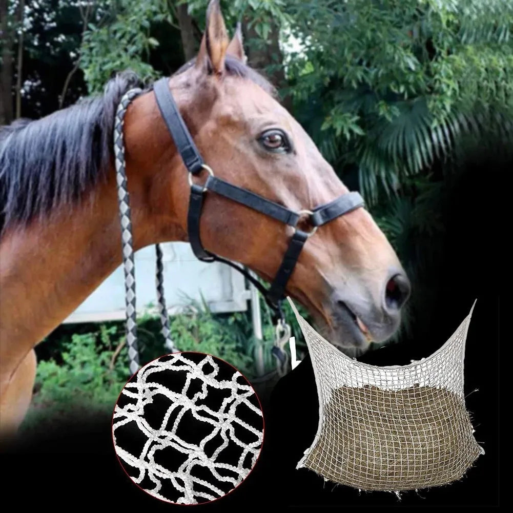 Woven polyethylene rope horse feeding bag with grid design in black colour