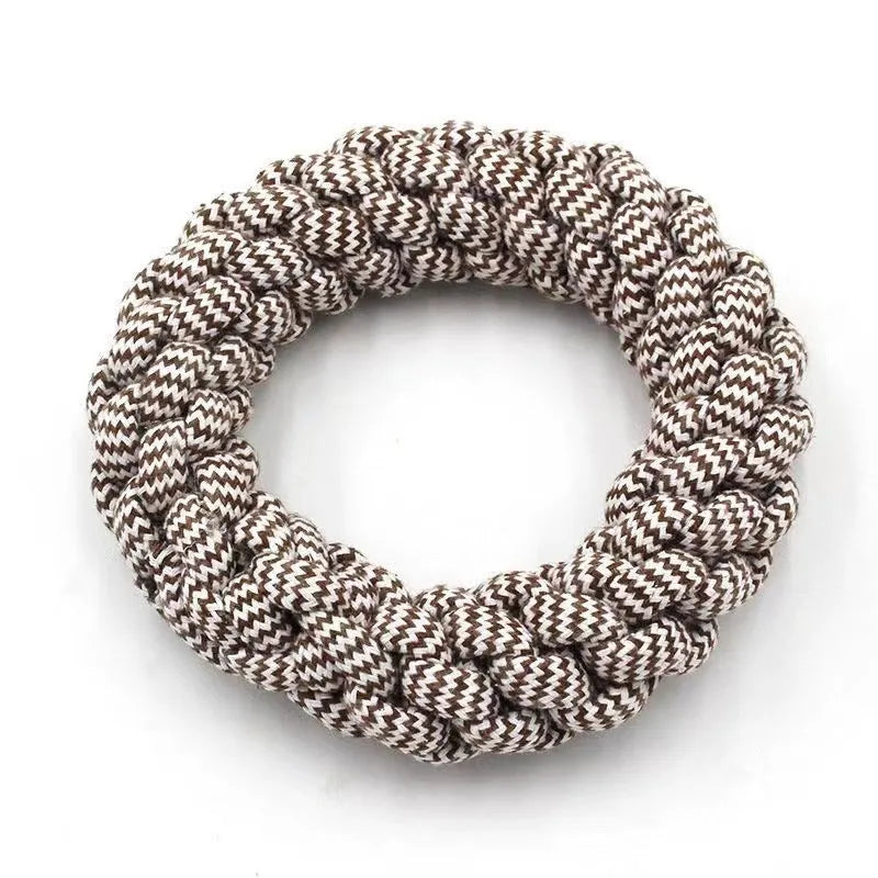 Cotton string braided ring pet chew toy in random colour, approximately 18cm woven design