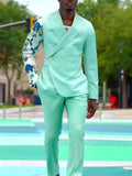 Mint green double-breasted suit set with floral print sleeve blazer and ankle-length pants