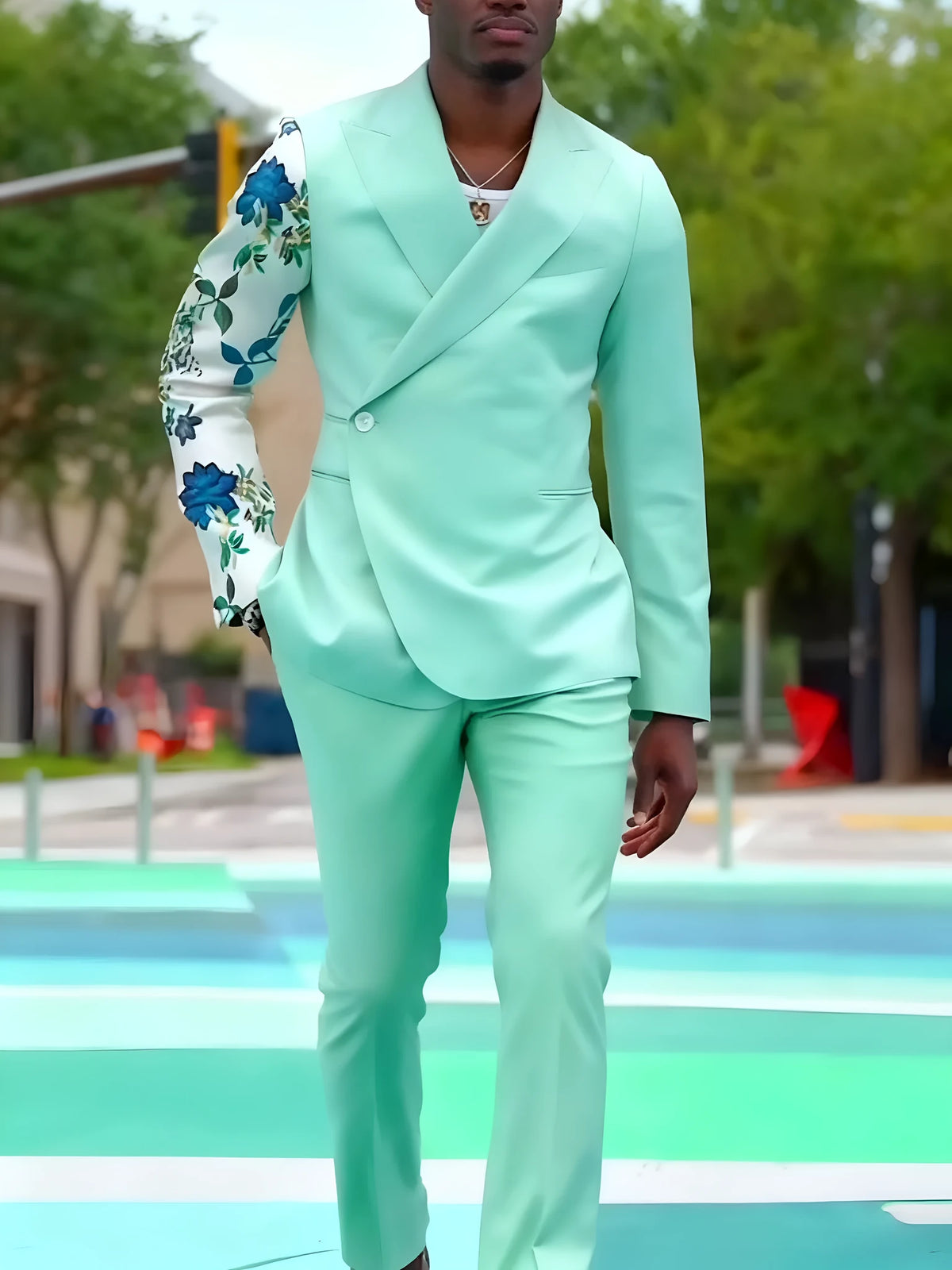 Mint green double-breasted suit set with floral print sleeve blazer and ankle-length pants
