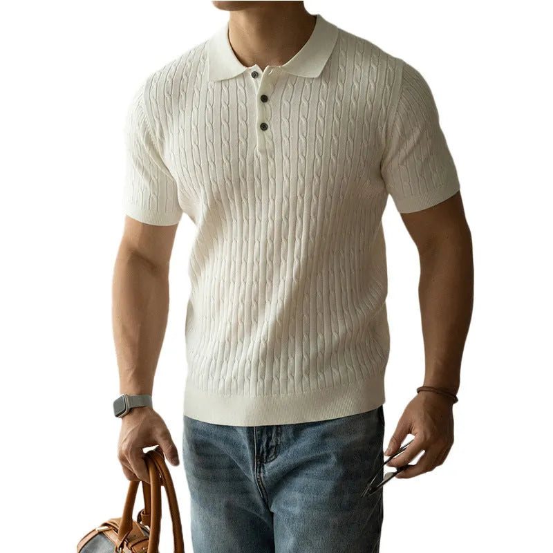 Men's khaki short sleeve business casual top on a hanger