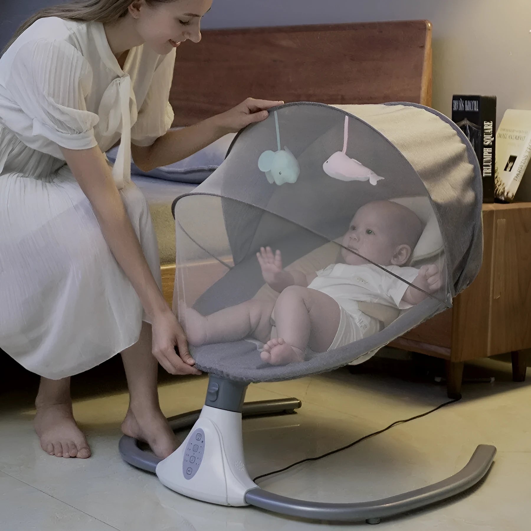 Baby rocking chair electric smart cradle in cherry blossom pink with Bluetooth remote control for infants 1-14 months