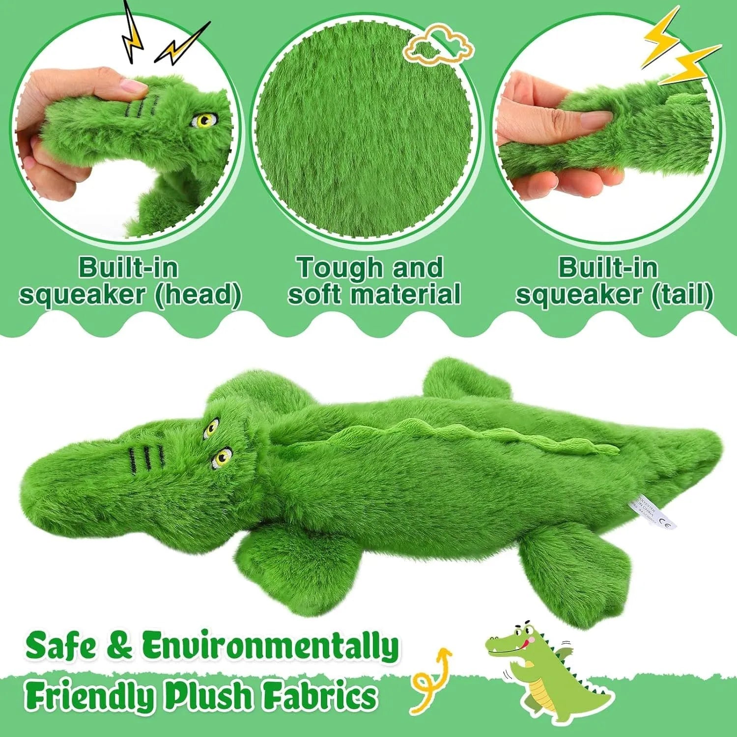 Green crocodile-shaped plush dog chew toy with no stuffing, shown with squeaker and crinkle features.