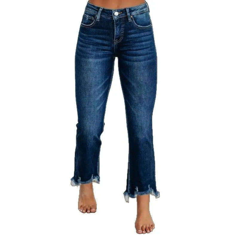 Solid colour women's cotton denim jeans with a hand-worn finish in light blue and dark blue.