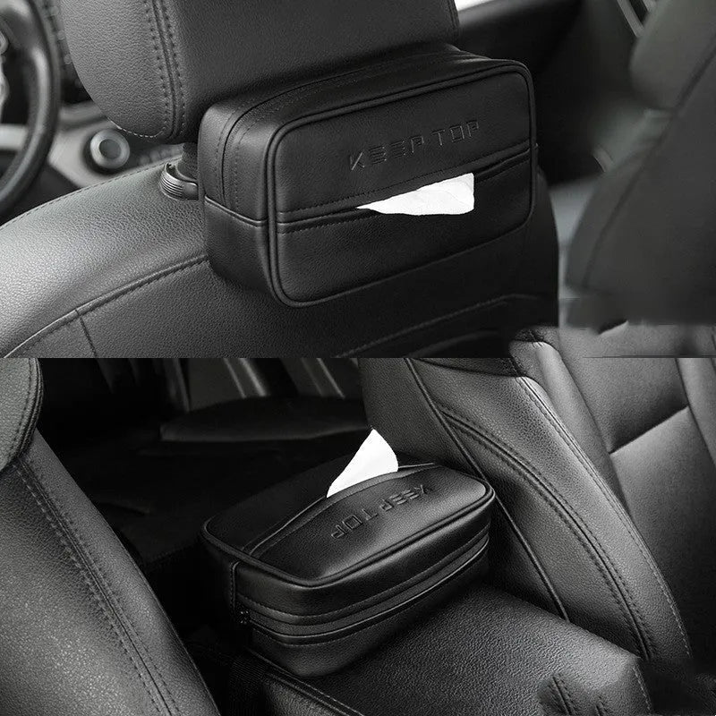 Black and beige PU leather hanging storage box for car, home and outdoor use.
