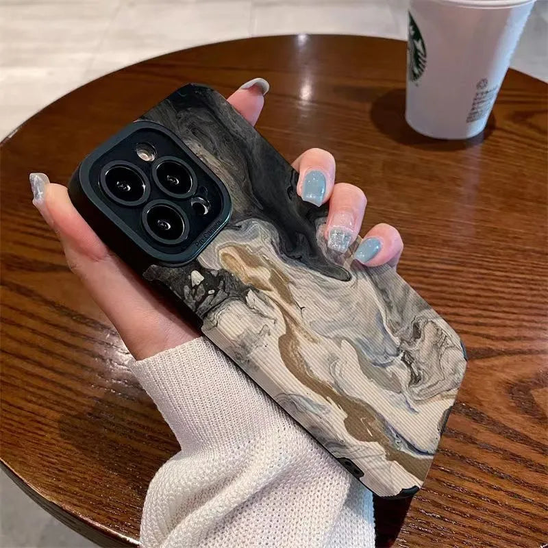 Black and white marble pattern phone case with leather texture for Apple iPhone, slim protective cover