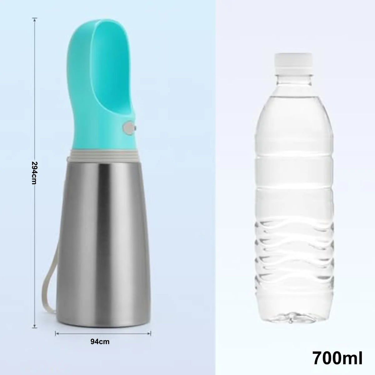 Blue 700ml stainless steel portable dog water bottle with built-in bowl and silicone drinking cup