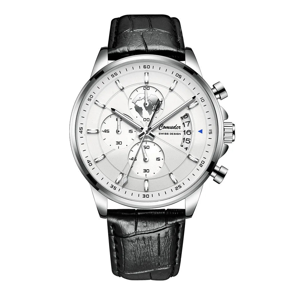 Men's full-automatic waterproof watch with 8mm leather strap, luminous calendar display, silver or rose shell, black or white dial.