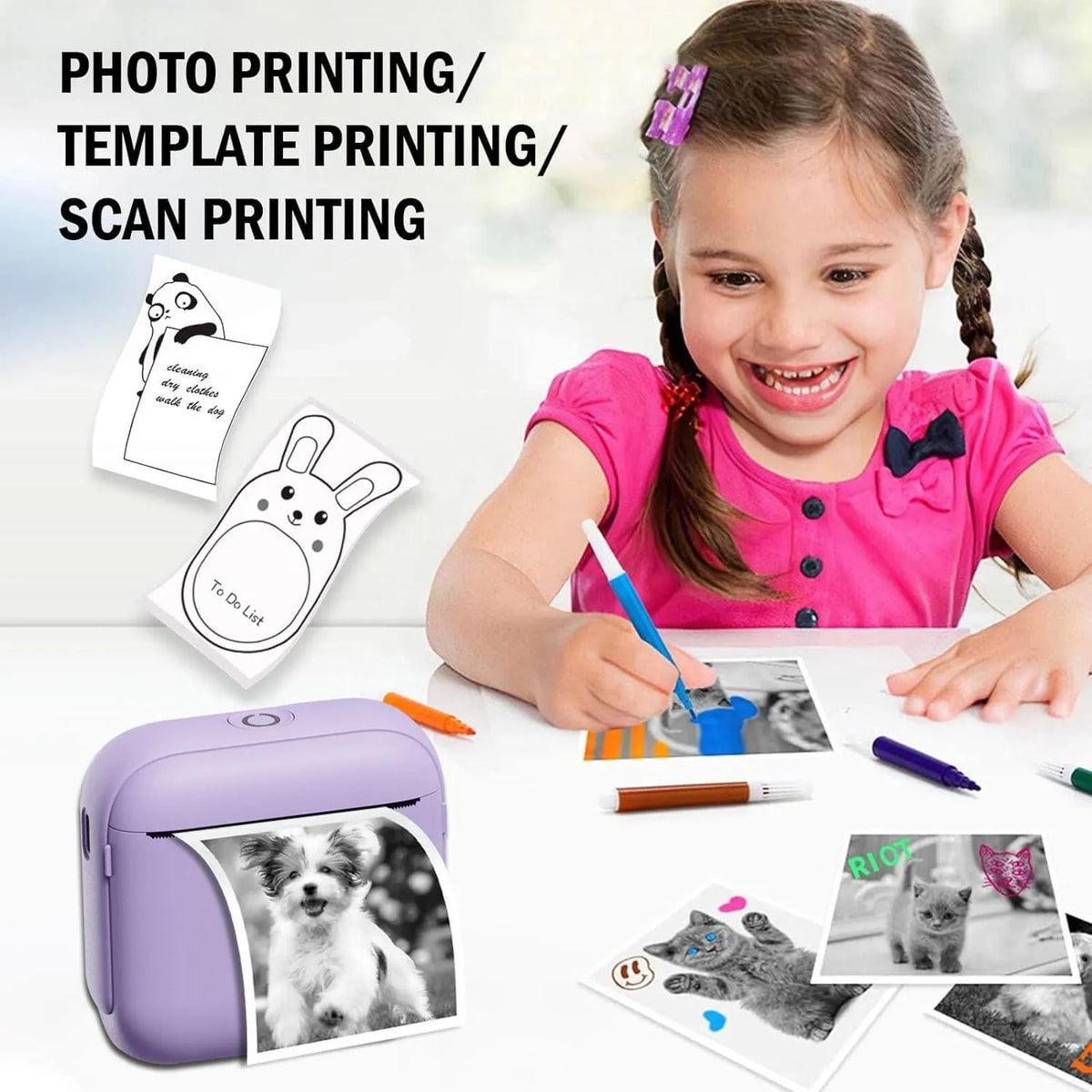 Mini Bluetooth thermal printer 85x35x80mm for household label printing, available in beige, green, or purple.