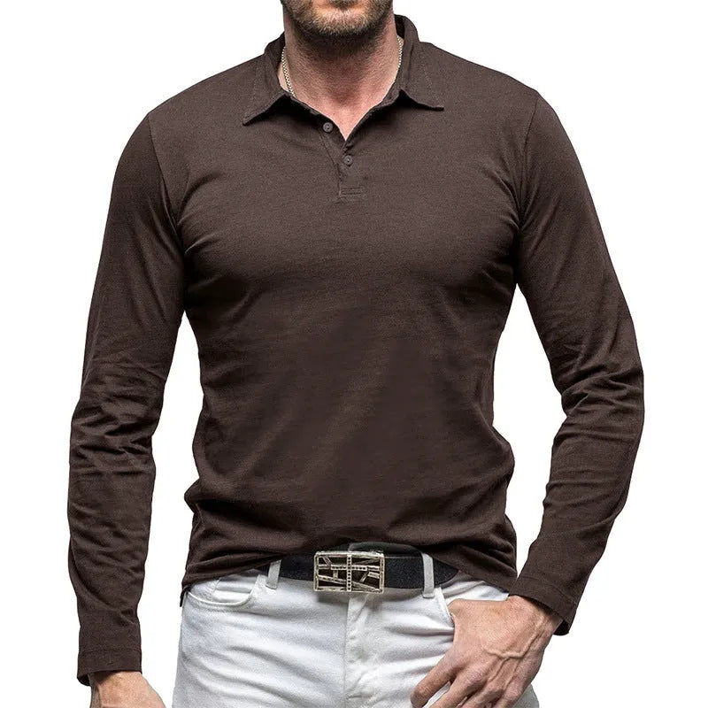 Men's retro style long sleeve polo collar cotton t-shirt shown in Army Green colour.