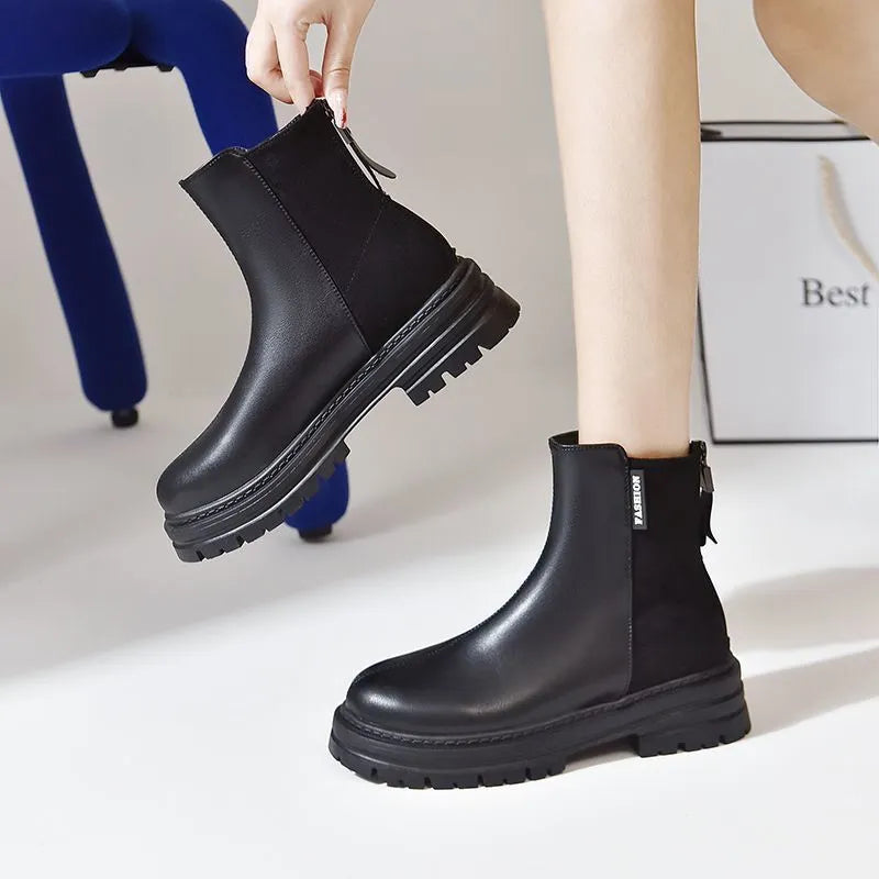 Large size women's platform Martin boots in solid colour, black, low tube, rubber sole