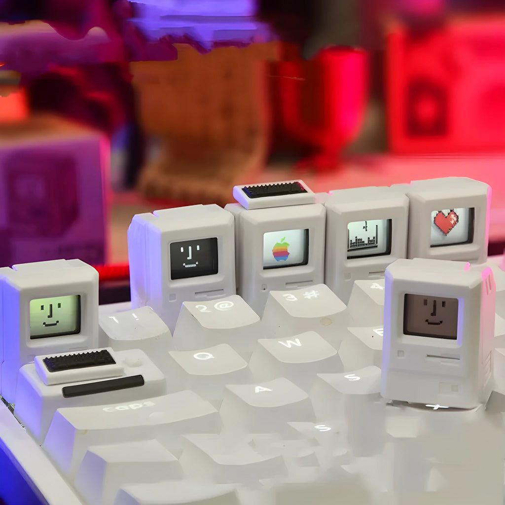 Transparent Macintosh-style mechanical keyboard keycap in black, retro, or white colour options