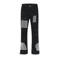 Men's heavy industry hole and patch straight jeans in black or blue, mid waist, cotton, sizes XL 2XL 3XL