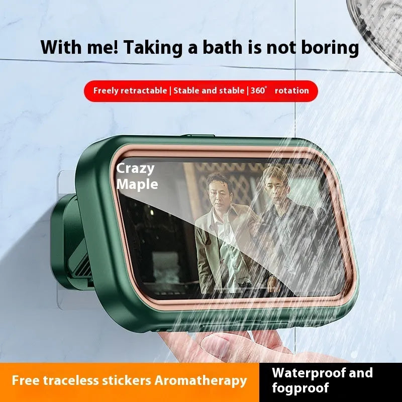 Bathroom waterproof punch-free wall-mounted touch screen anti-fog mobile phone bracket in electroplated white with rotatable arm and free base gel aromatherapy