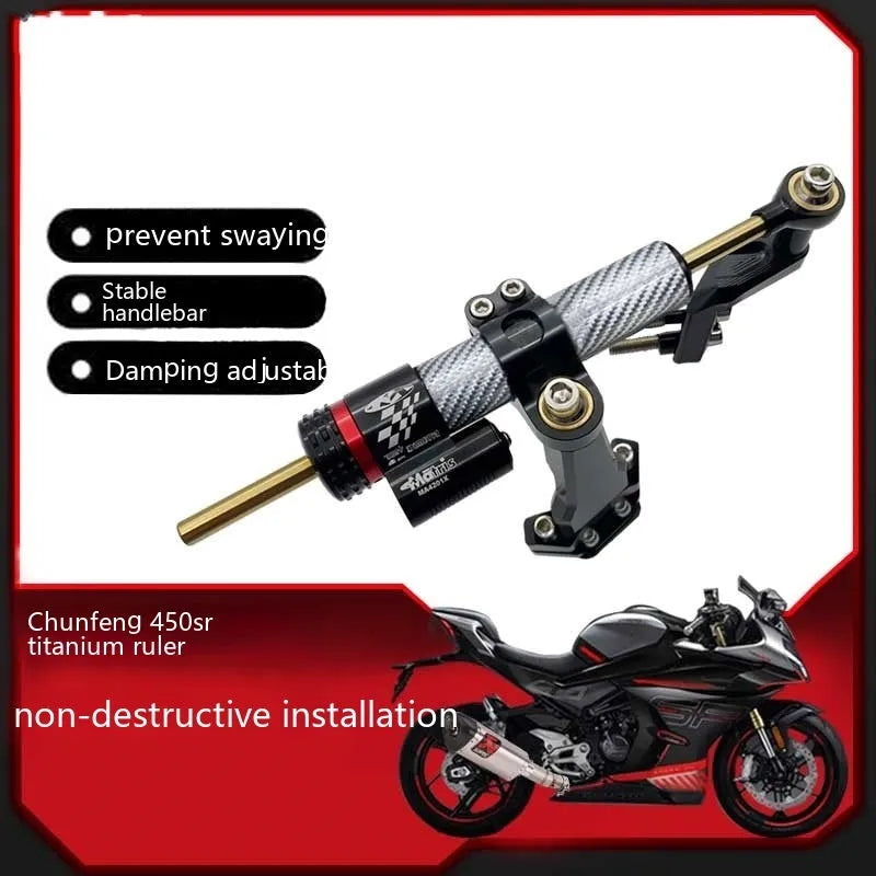 Titanium directional damper bracket kit for CFMoto 450SR motorcycle with carbon fibre finish