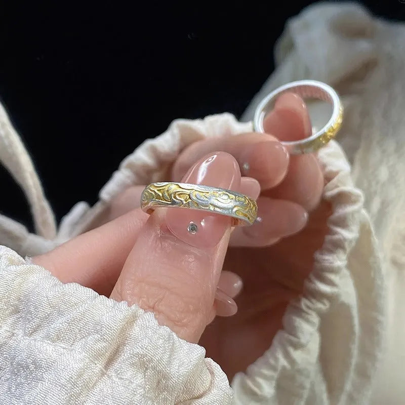 Open mouth geometric ring with Xiangyun pattern in silver gold electroplated finish on white copper
