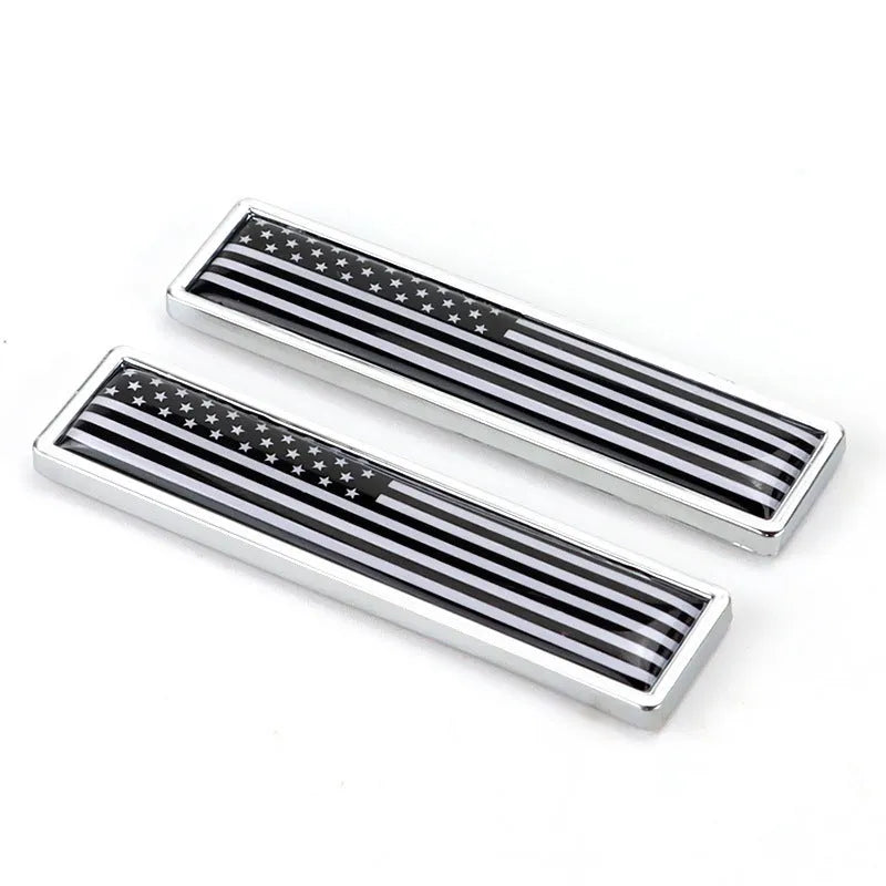 Zinc alloy car flag metal labels showing UK and USA designs at 58x14mm size