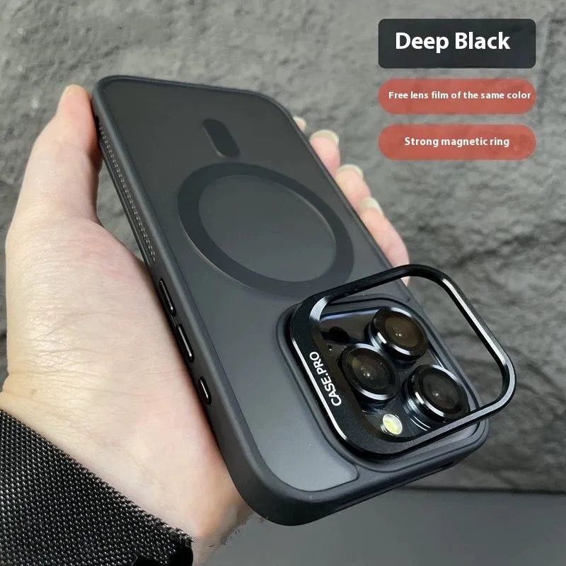 Magnetic iPhone case with lens cover bracket in Black, PC anti-fingerprint shell, fits iPhone 13 to 16 Pro Max