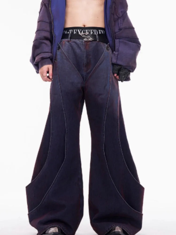 Men's wide leg gradient flocking jeans in Wine Red with brushed interior for autumn winter
