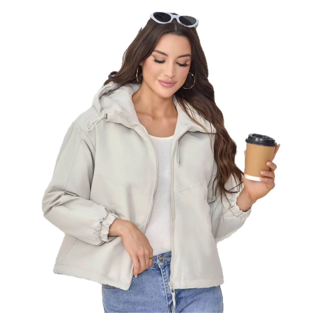 Women's grey hooded loose-fit polyester shell jacket with long sleeves