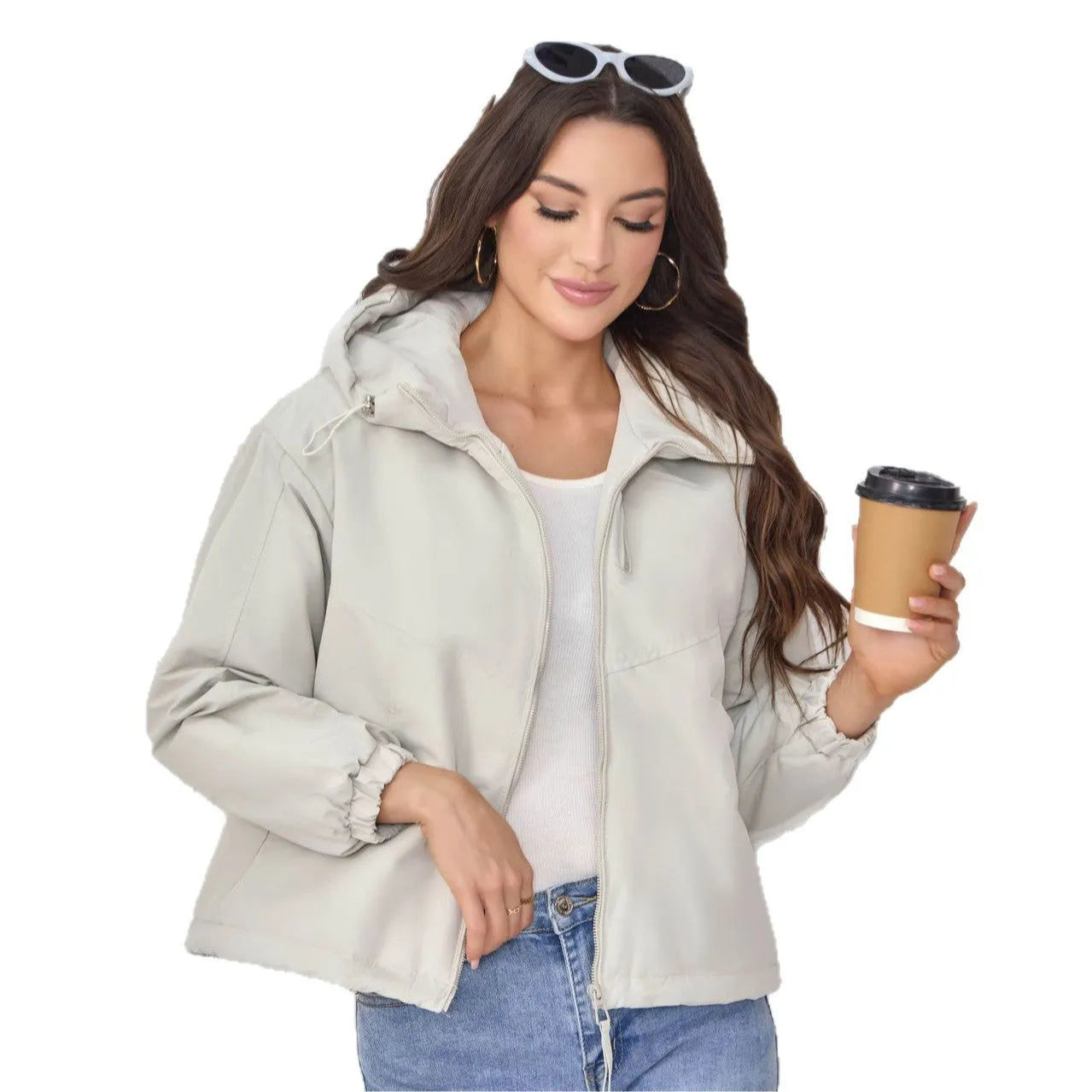 Women's grey hooded loose-fit polyester shell jacket with long sleeves