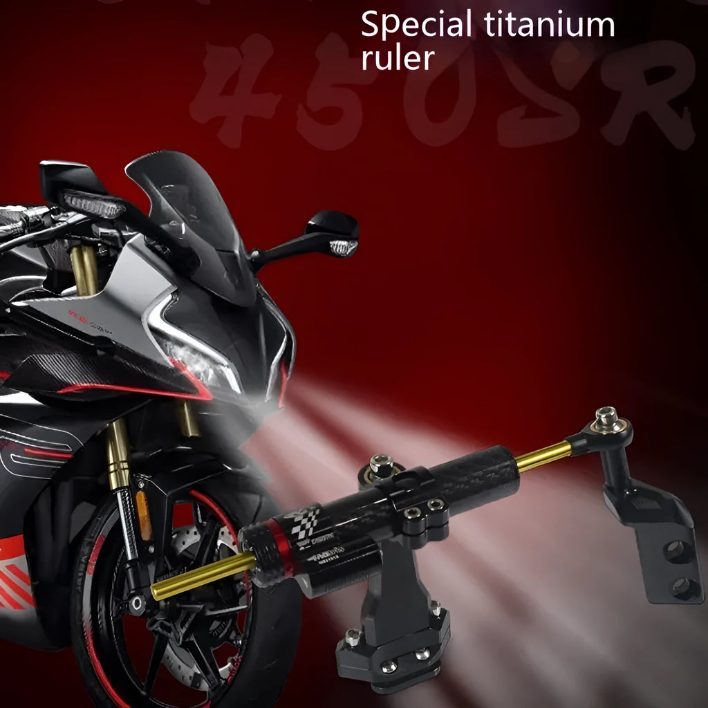 Titanium directional damper bracket kit for CFMoto 450SR motorcycle with carbon fibre finish