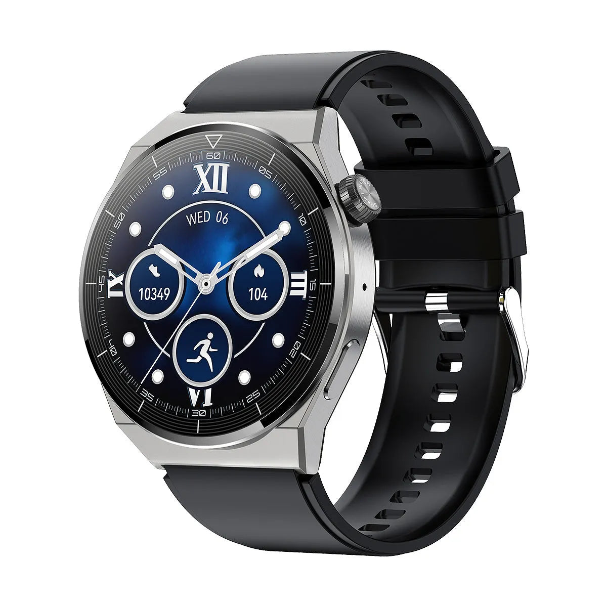 Round smart watch with black silicone band showing Bluetooth call and NFC access control display