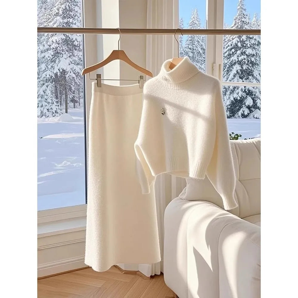 White knitted sweater skirt suit for women with long sleeve top and long skirt, solid colour stitching, sizes S to 3XL.