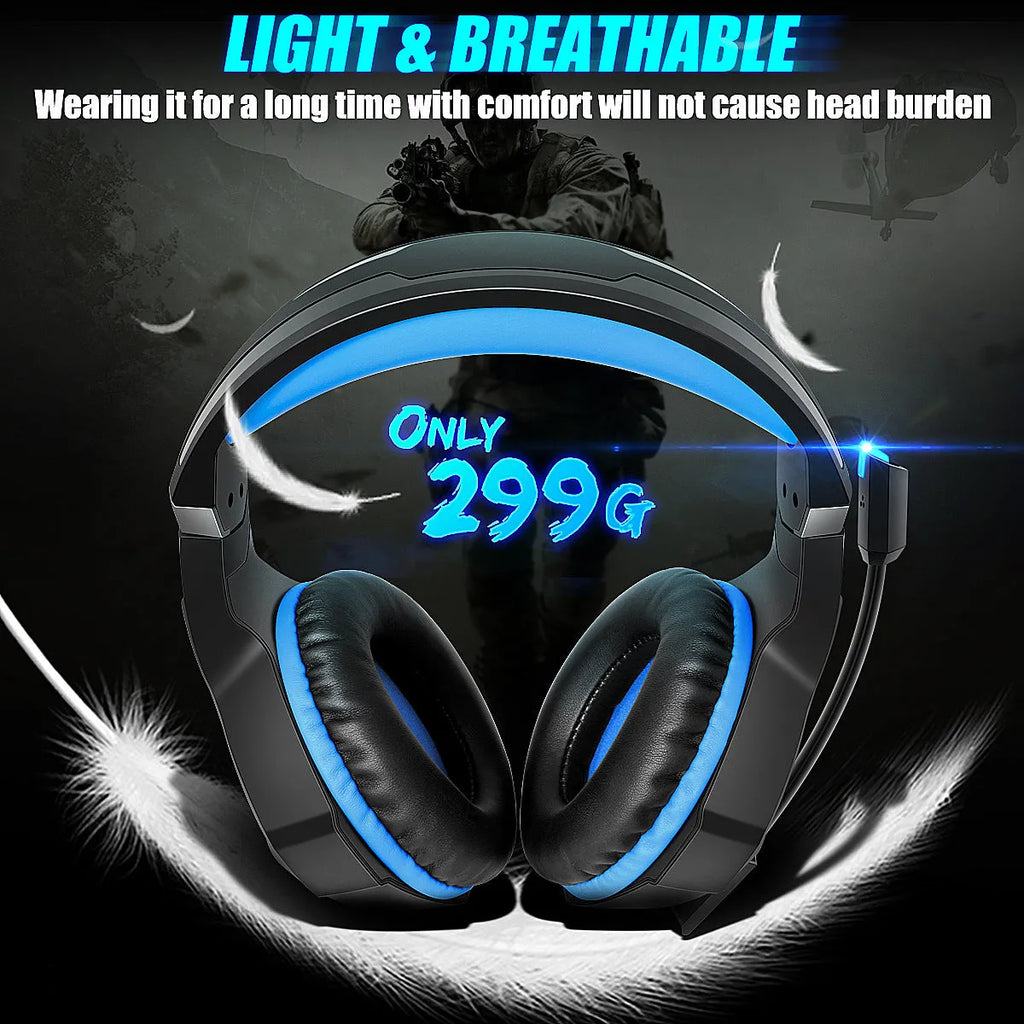 Black gaming headset with luminous blue trim, 50mm drivers, microphone, and dual USB/3.5mm cable