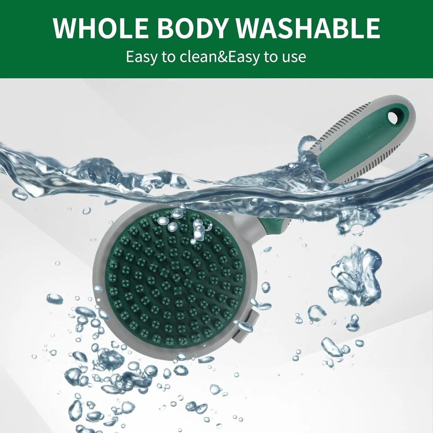 Green and pink 2-in-1 silicone cat hair brush with retractable slicker brush and massaging head.