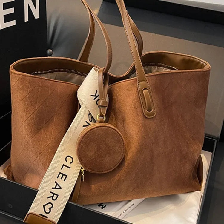 Soft polyester large capacity casual tote shoulder bag in a horizontal square shape with a zip pocket, shown in one of four colours.