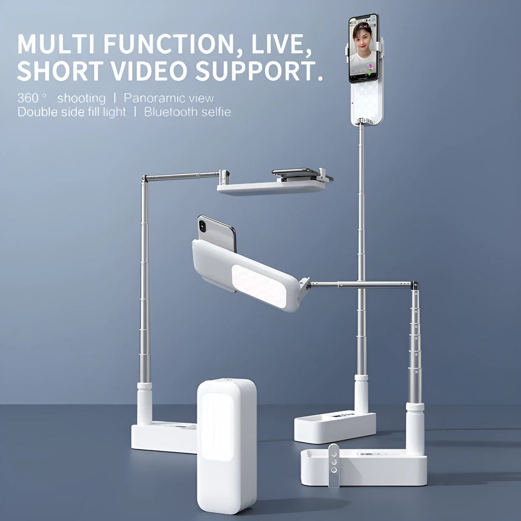 Foldable floor standing mobile phone fill light bracket with LED light source and remote control