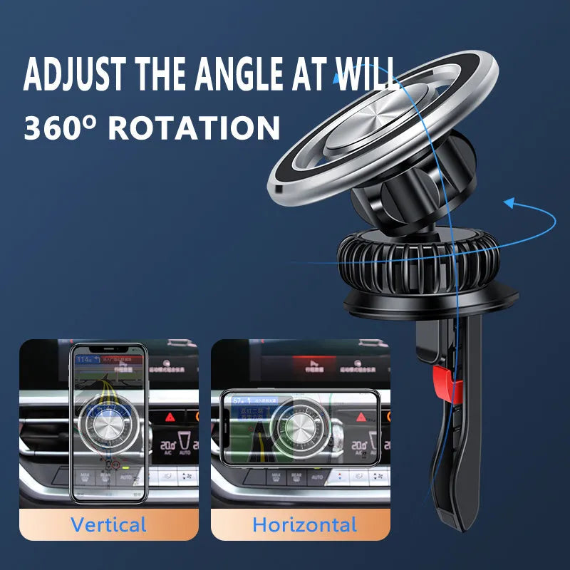 Silver and black car air vent mobile phone holder with magnetic suction mounting bracket