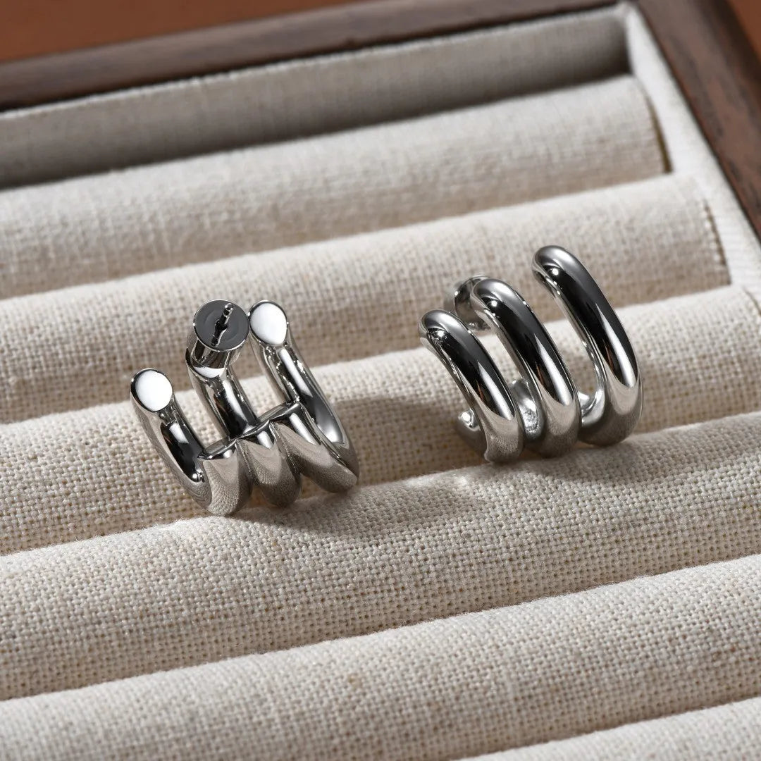 Pair of geometric ear studs for women with sterling silver needles and copper body in gold or silver