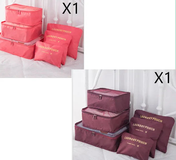 6 PCS travel storage bag set in polyester with handbag shape, multiple colour options for clothes and cosmetic organisation