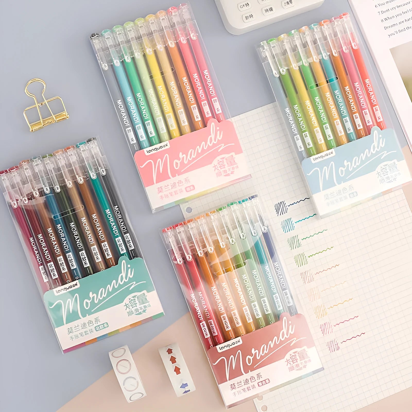 Set of nine retro-style gel pens with 0.5mm needle tips in assorted colours on a 15.2cm by 8.5cm card.