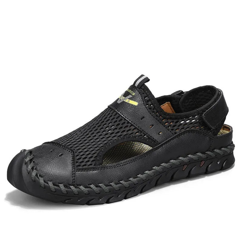Men's brown leather mesh breathable pumps with elastic band and round toe design