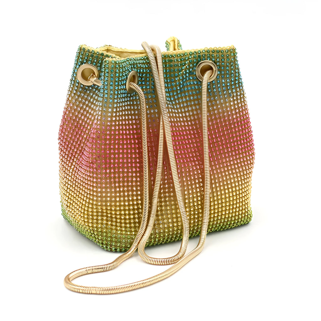 Rainbow glitter rhinestone soft bucket bag for evening parties and weddings.